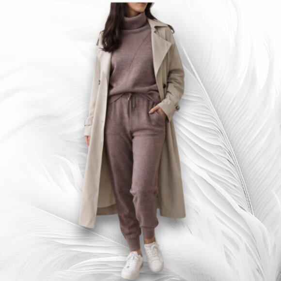 Pants - Cozy Knit Lounge Set Turtleneck Sweater & Jogger Pants Mauve Minimal Chic